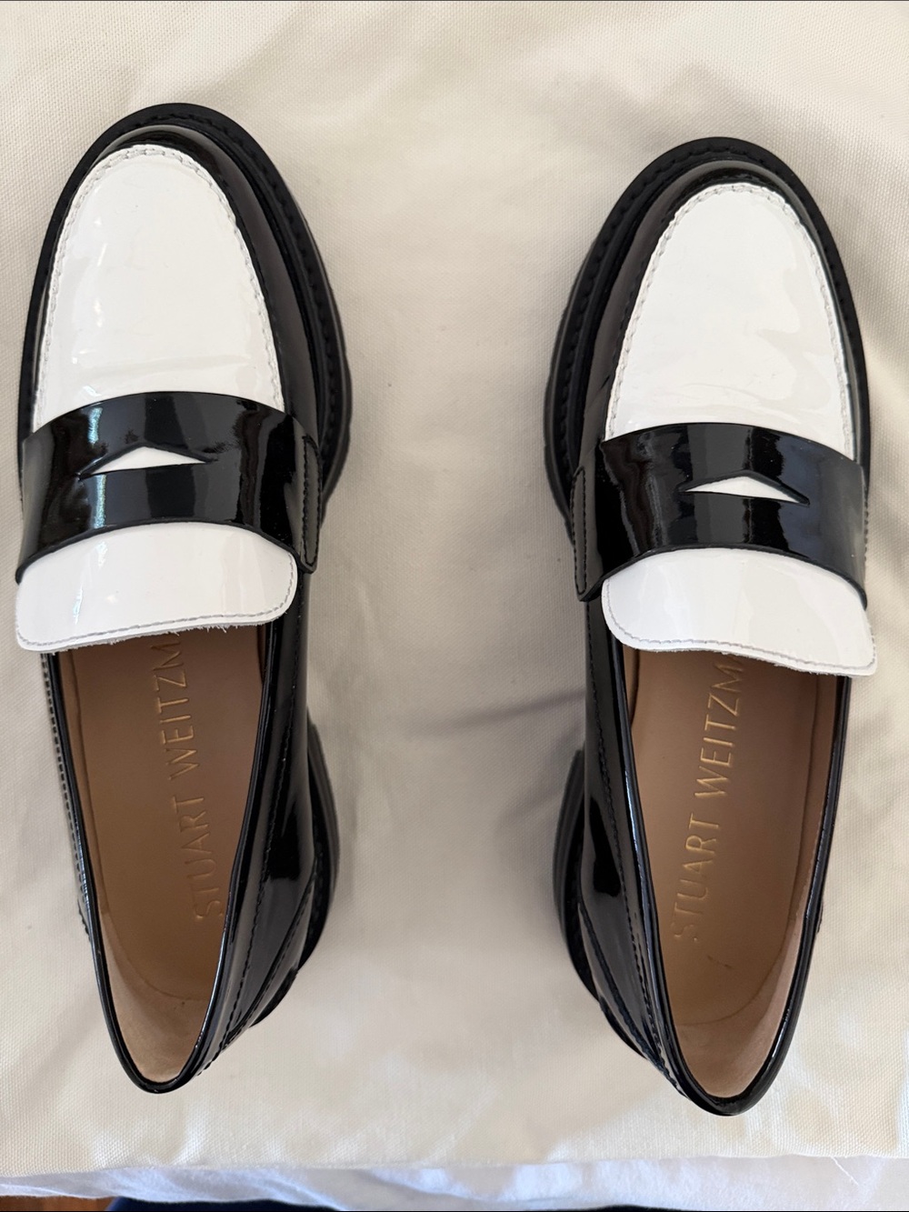 Stuart Weitzman Black & White Patent Leather Penny Loafers